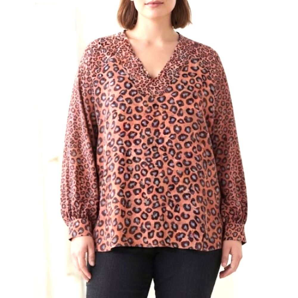 Belle by Kim Gravel Dark Orange Leopard Print Blouse V-neck Women's Size 2XL